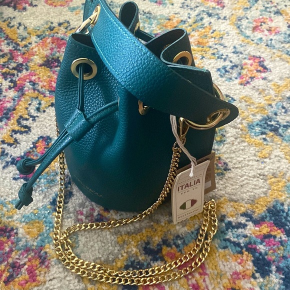 Anna Paola Italian Leather Bucket Bag + Crossbody Bag, Teal - Picture 10 of 16